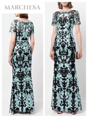 MARCHESA NOTTE Short Sleeve Embroidered Tulle Gown